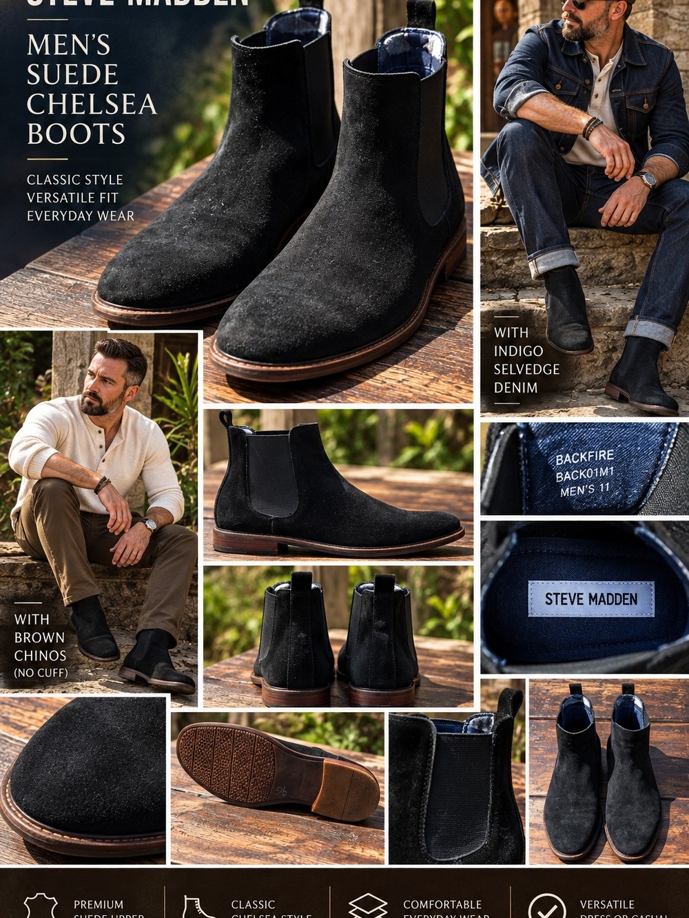Steve Madden Backfire Men’s Black Suede Chelsea Boots Size 11